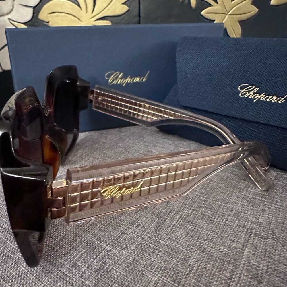 Chopard Brown Tortoise Sunglasses with gold and lucite arms